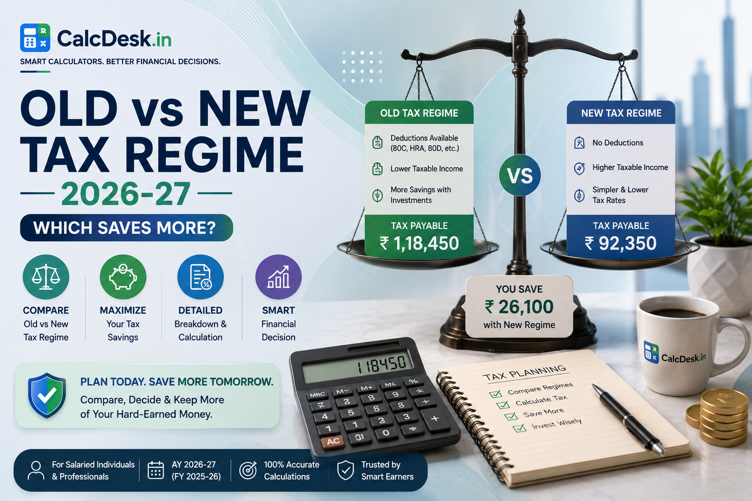 Old vs New Tax Regime 2026-27 — Which Saves More? | CalcDesk.in