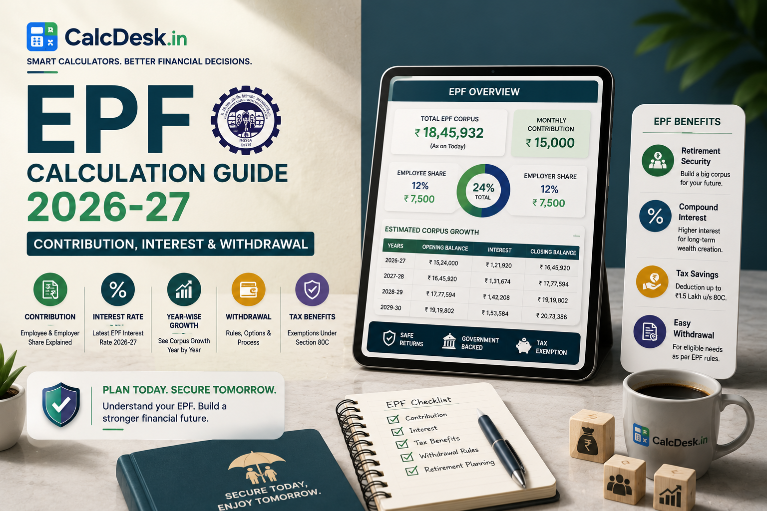 EPF Calculation Guide 2026-27 — Contribution, Interest & Withdrawal | CalcDesk.in