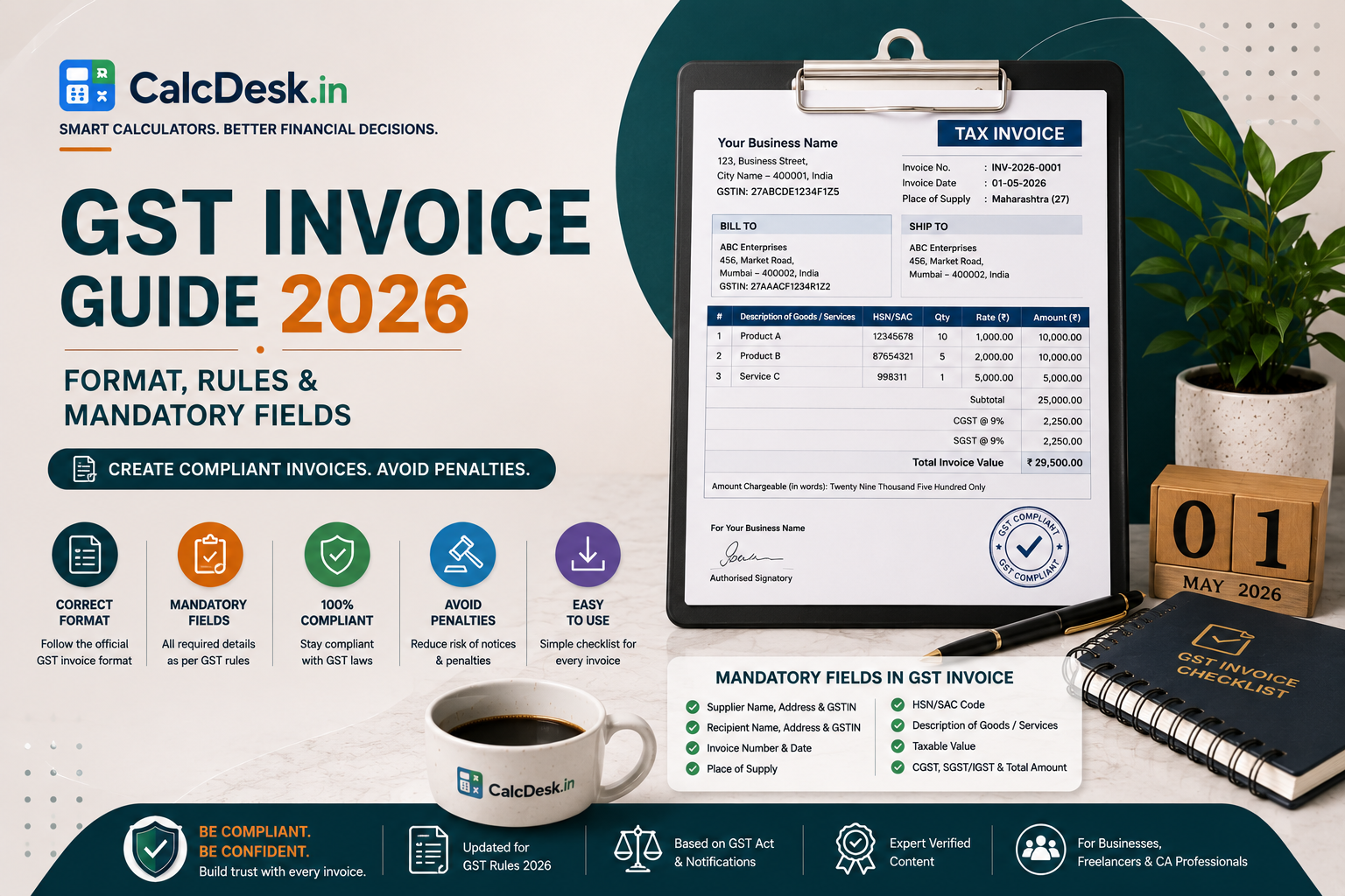 GST Invoice Guide 2026 — Format, Rules & Mandatory Fields | CalcDesk.in