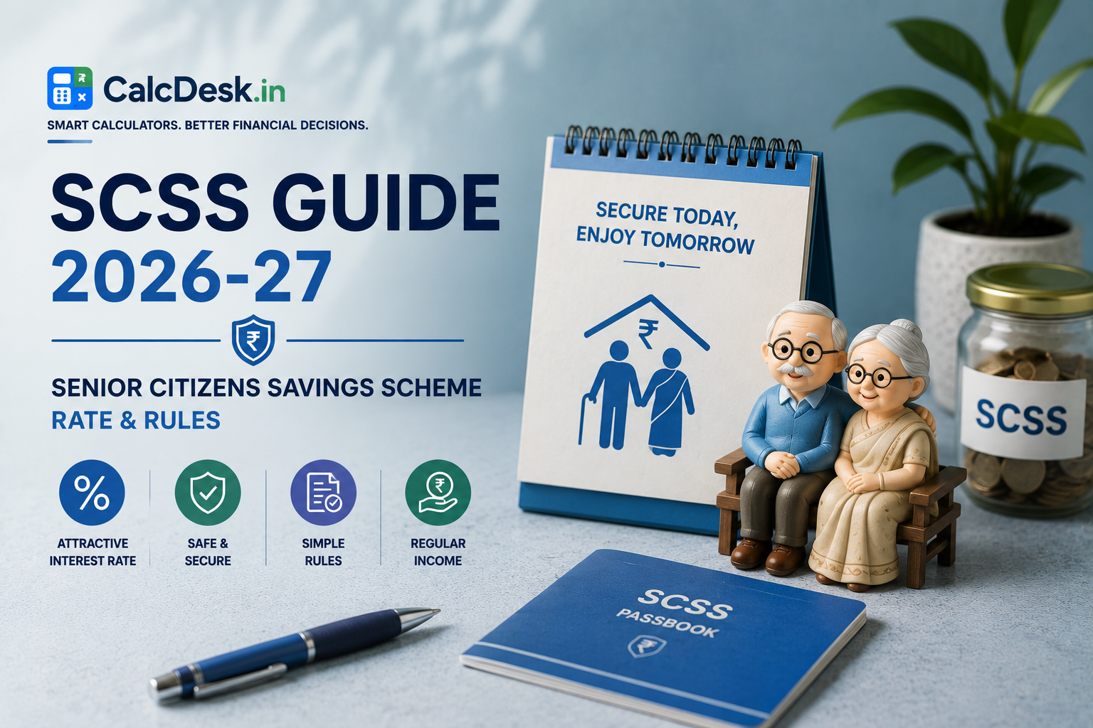 SCSS Guide 2026-27 — Senior Citizens Savings Scheme Rate & Rules | CalcDesk.in