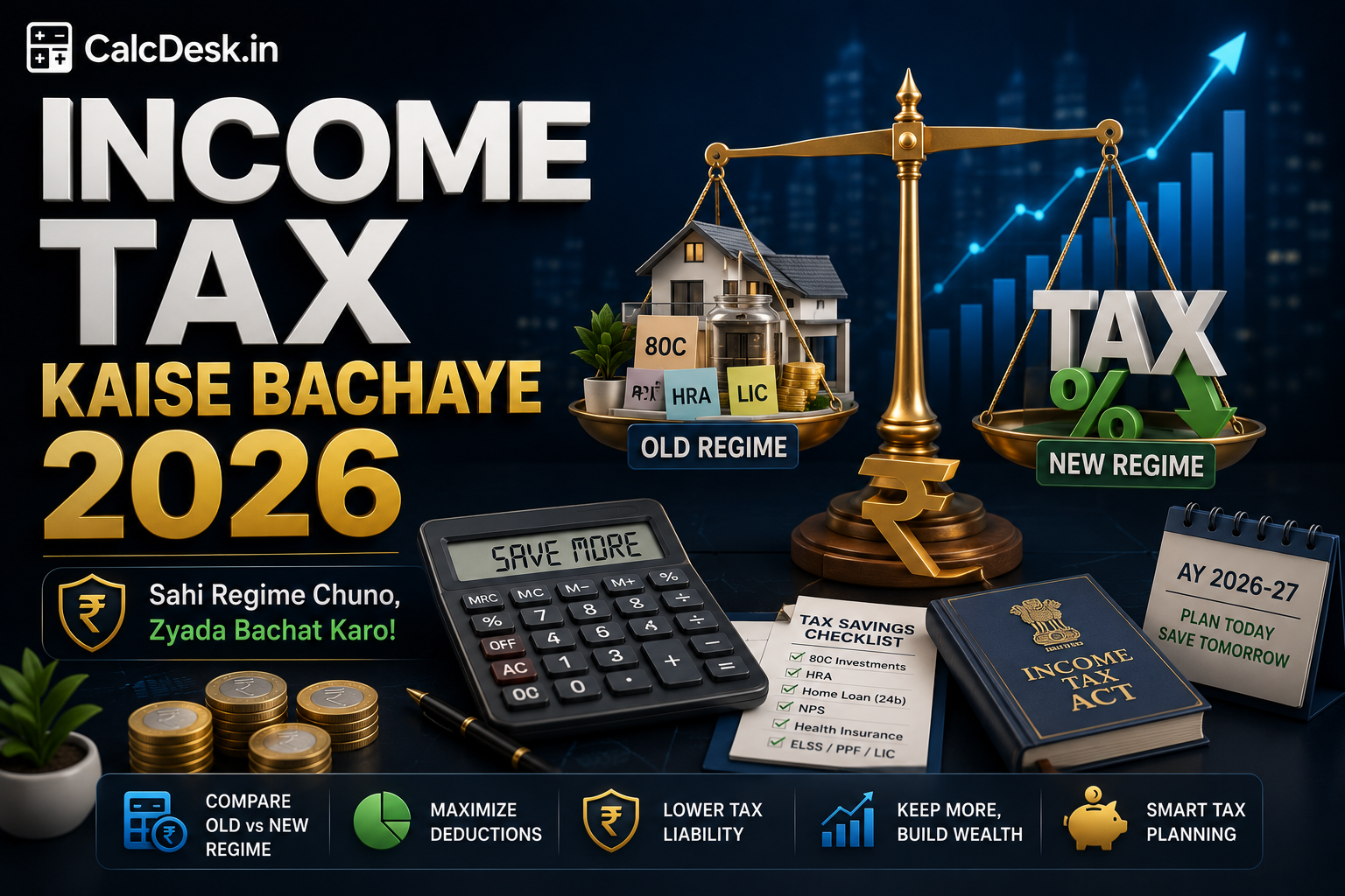 Income Tax Kaise Bachaye 2026 — Old vs New Regime | CalcDesk