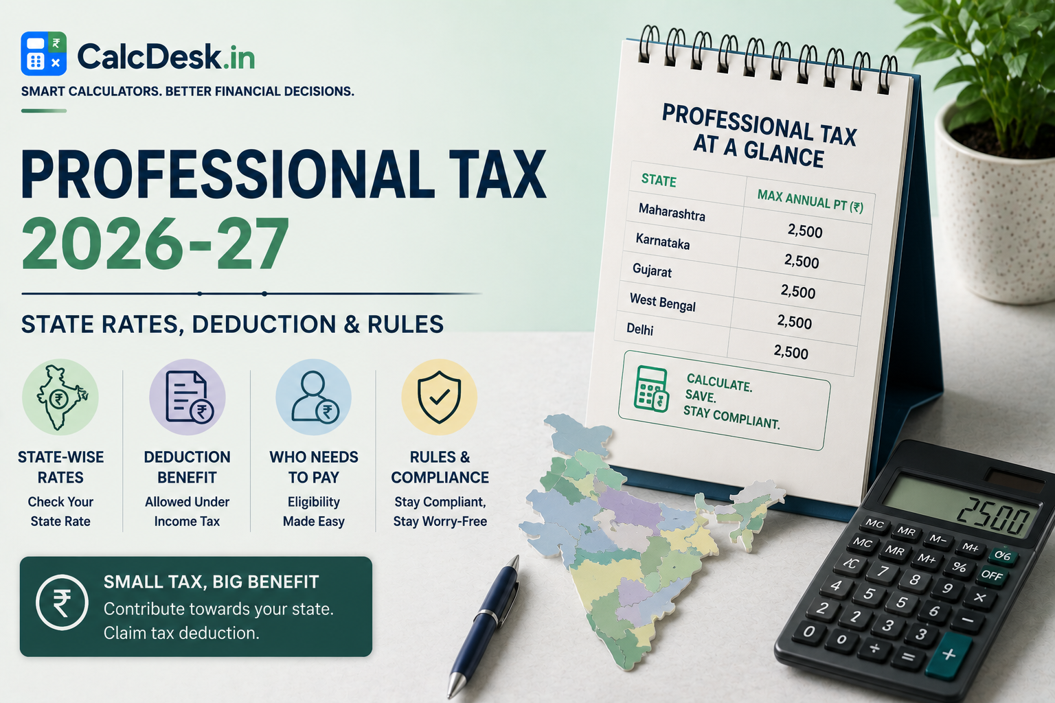 Professional Tax 2026-27 — State Rates, Deduction & Rules | CalcDesk.in