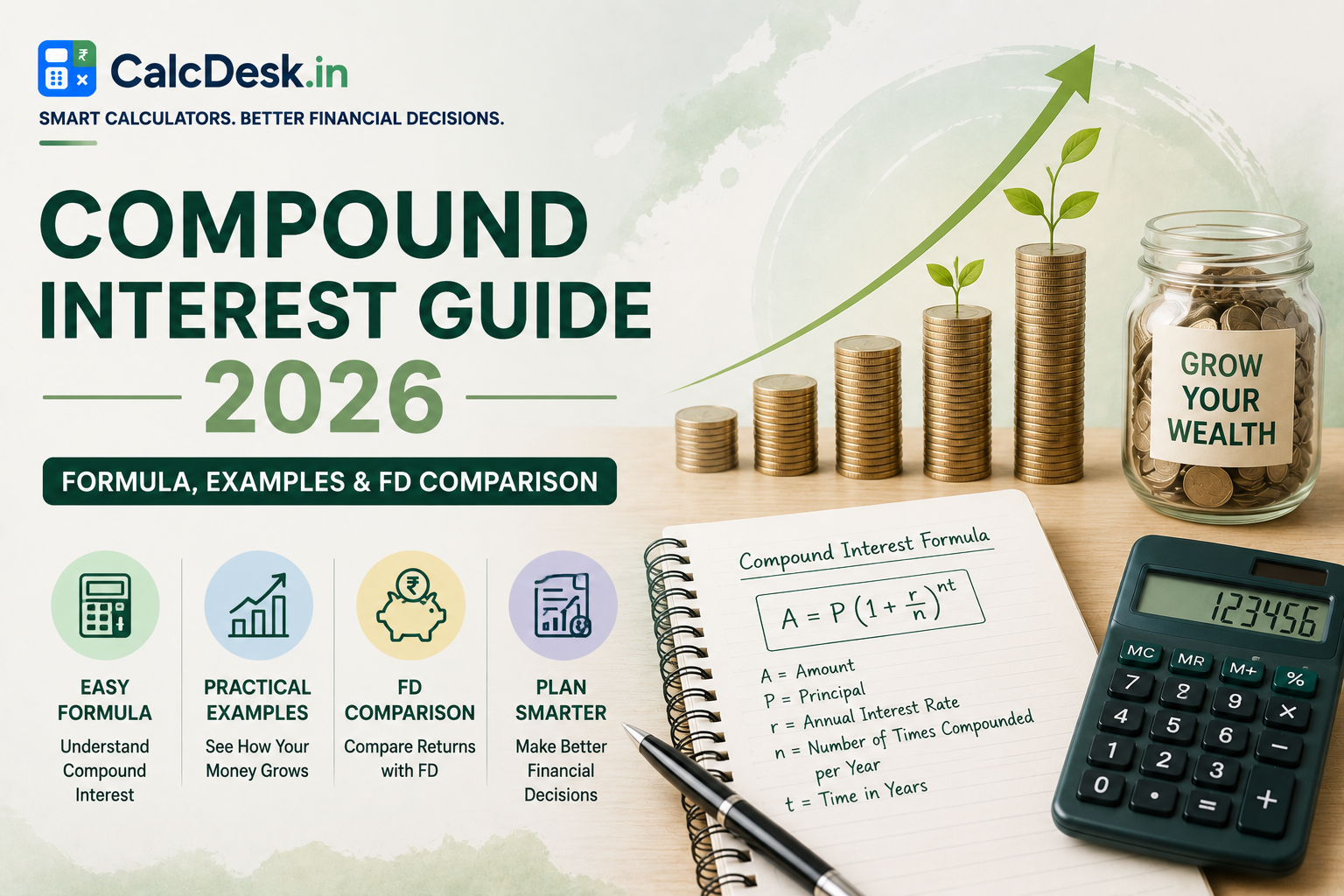 Compound Interest Guide 2026 — Formula, Examples & FD Comparison | CalcDesk.in