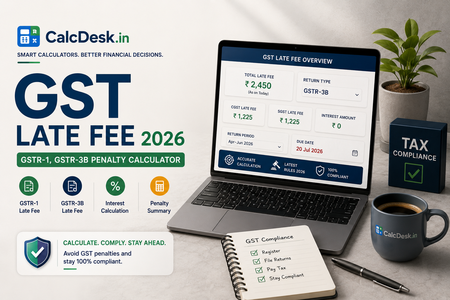 GST Late Fee 2026 — GSTR-1, GSTR-3B Penalty Calculator | CalcDesk.in