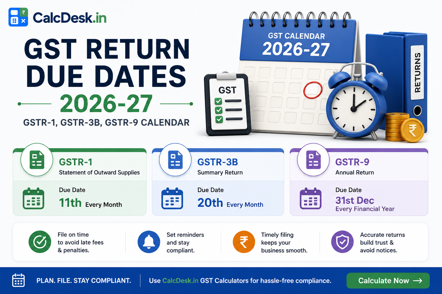 GST Return Due Dates 2026-27 — GSTR-1, GSTR-3B, GSTR-9 Calendar | CalcDesk.in