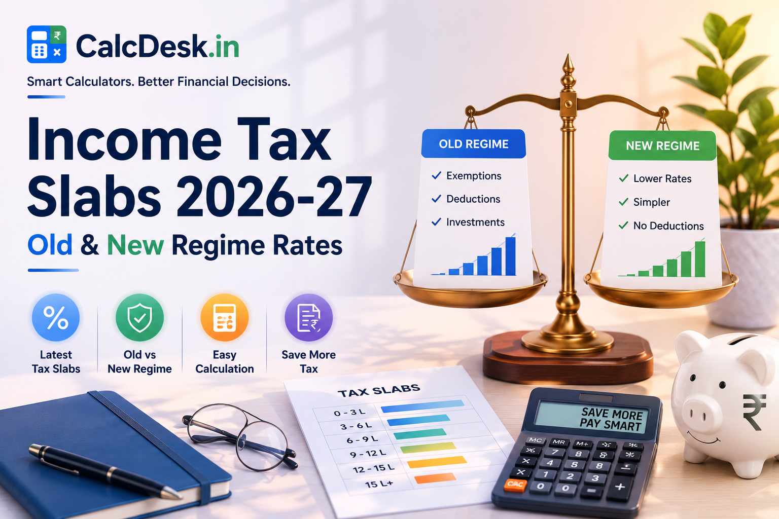 Income Tax Slabs 2026-27 — Old & New Regime Rates | CalcDesk.in